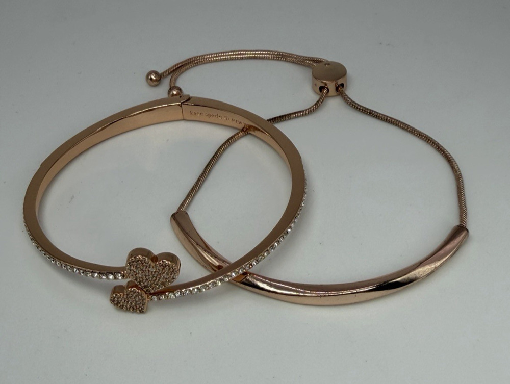 Kate Spade Rose Gold Tone Pave Heart Hinge Cuff Bracelet & Slider Bracelet Lot